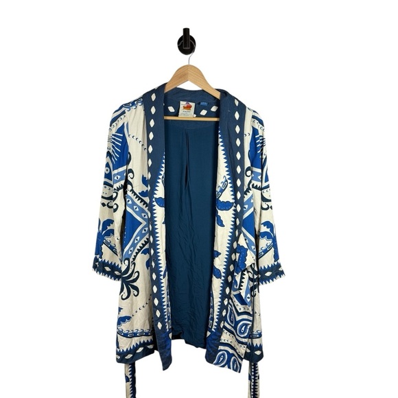 Farm Rio Anthropologie Long-Sleeve Blazer Mini Dress in Ivory/Blue Size SP - Picture 8 of 15